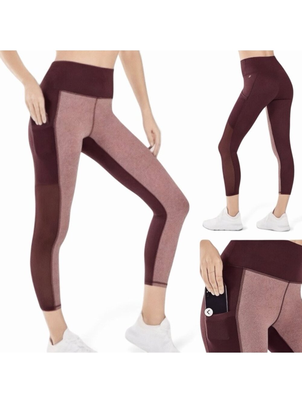 Fabletics On The Go Leggings Sz Medium Powerhold Mesh Pockets Crop Wine Burgundy